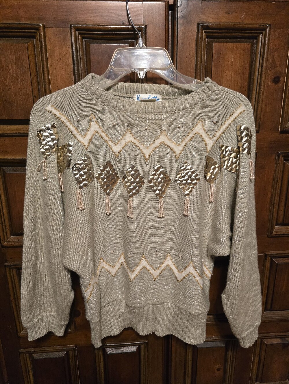 Kroshetta Beige Geometric Beaded Knit Crew Neck Pullover Sweater Women's S